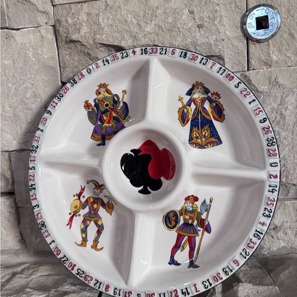 Snack Tray Divided Serving Platter Poker Roulette Wheel Motif Ceramic Vtg. 14"